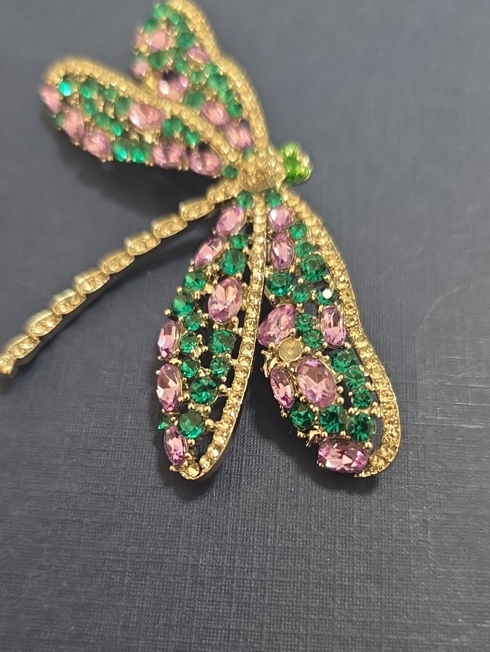 Gold Dragonfly Brooch with Pink and Green Crystals